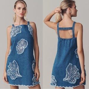 Anthropologie Sleeveless Embroidered Square Neck Denim Mini Dress Size Large NEW